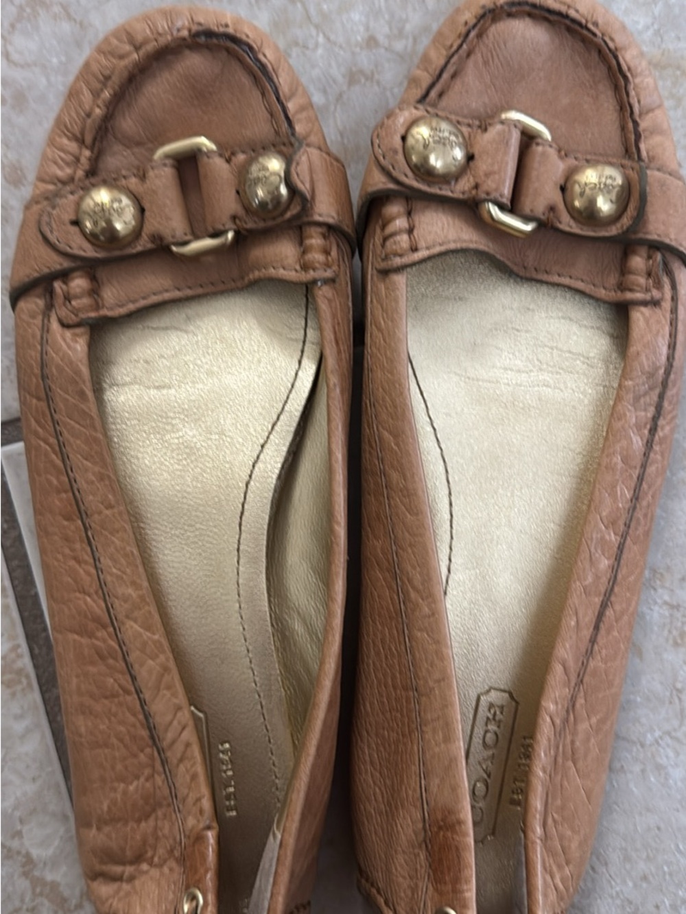Coach Tan Leather Loafers with Gold-Tone Accents